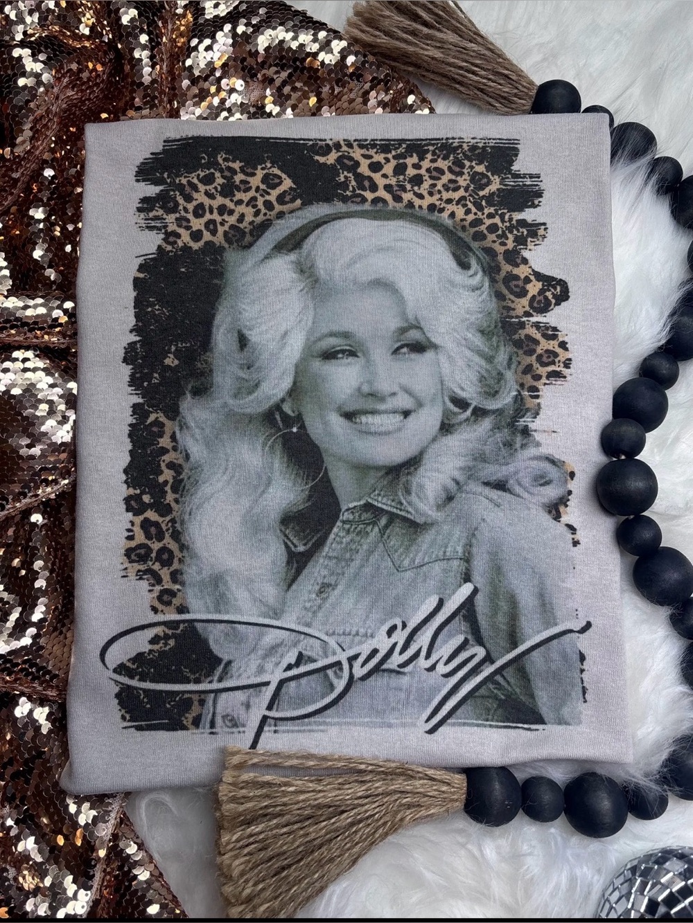 Dolly parton leopard southern belle rhinestone glamour graphic tunic top tee
